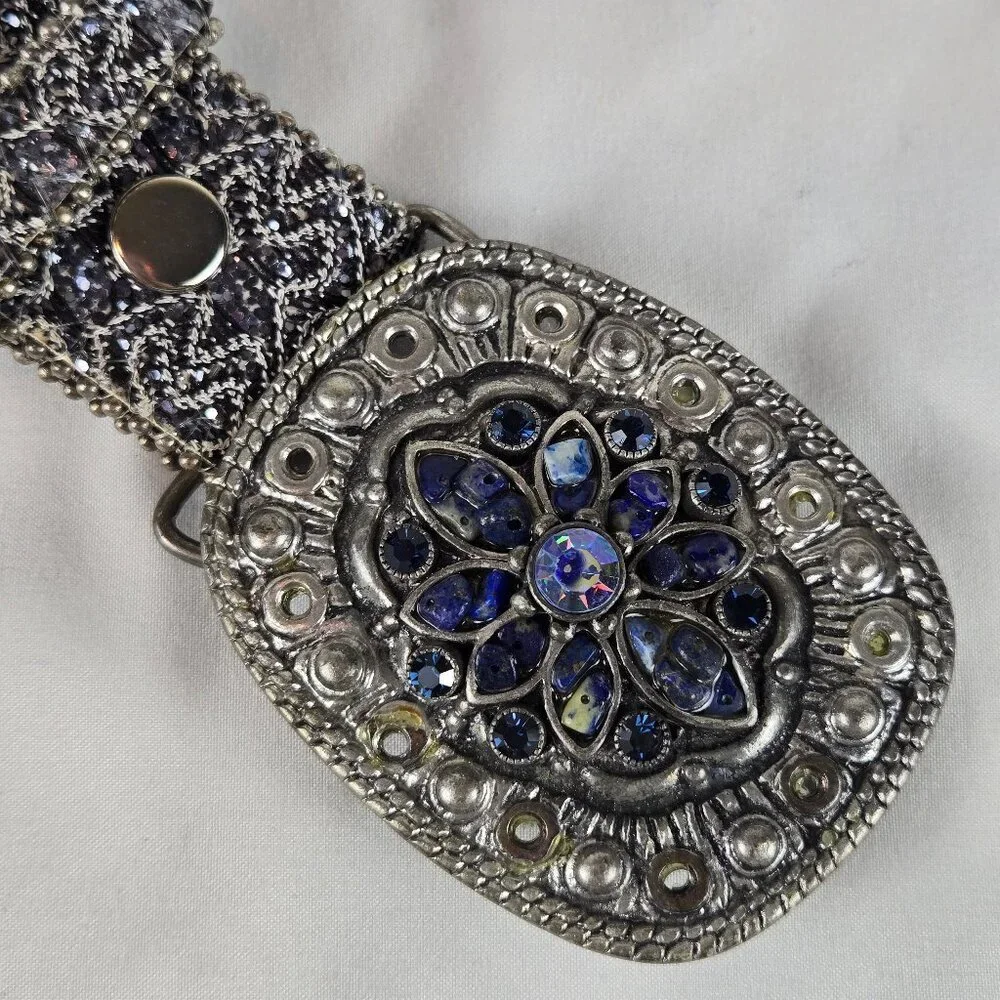 Blue Silver Glitter Accented Belt Metal Buckle with Blue Crystal & Stone Accents